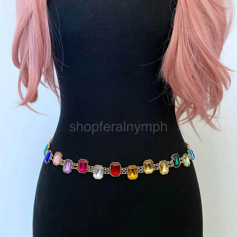 Gold Y2K Rainbow Jewel Waist Chain Belt, Fits 18-37 Inches, X7GA1292